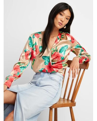 Icône Floral Satin Crossover Blouse - Red