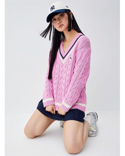 Lacoste Striped Cables Sweater - Pink