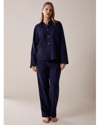 Miiyu Solid Linen And Cotton Pyjama Set - Blue