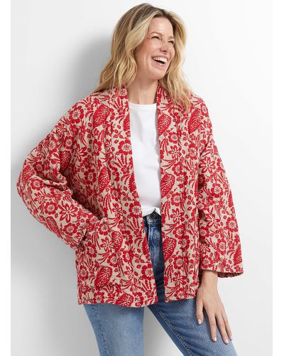 Contemporaine Patterned Topstiched Diamonds Open Jacket - Red