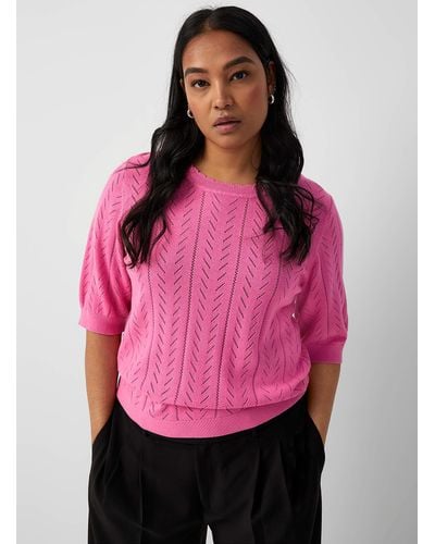 Contemporaine Scalloped Collar Openwork Sweater - Pink