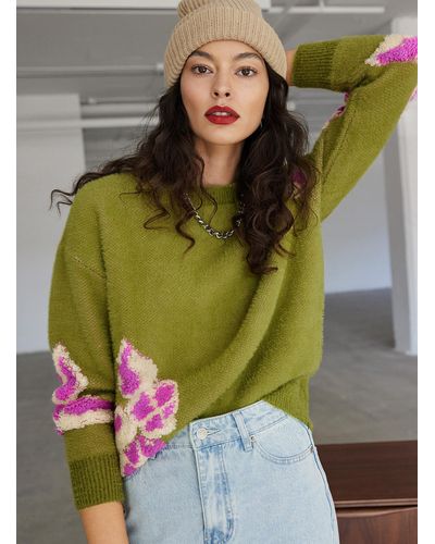 FRNCH Contrasting Flower Jacquard Sweater - Green