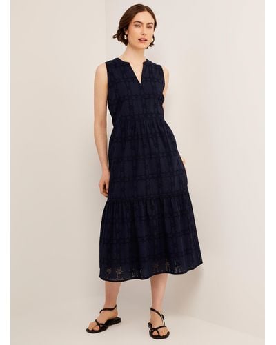 Contemporaine Embroidered Check Tiered Dress - Blue