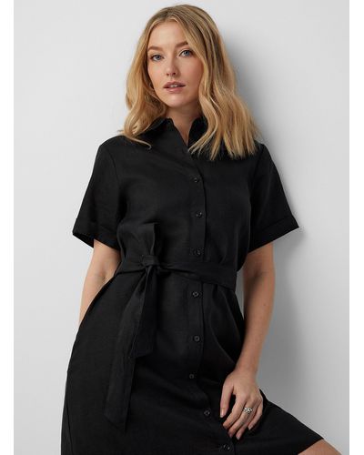 Contemporaine Organic Linen Belted Shirtdress - Black