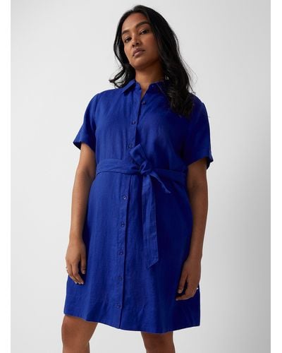 Contemporaine Organic Linen Belted Shirtdress - Blue