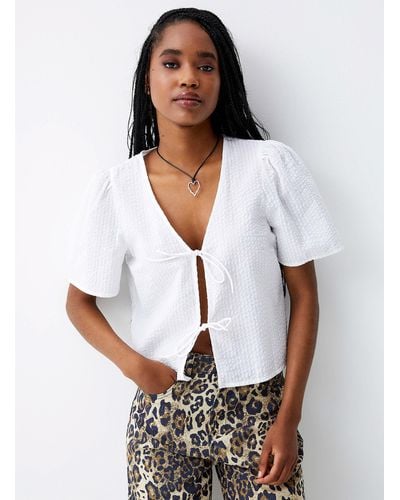 ONLY Bow Waffled Cotton Blouse - White