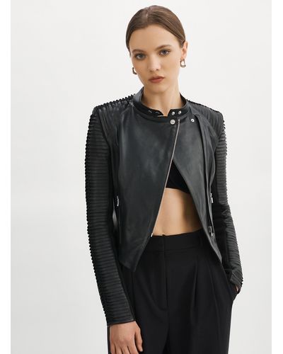 Lamarque Azra Pleated Sleeves Genuine Leather Jacket - Black