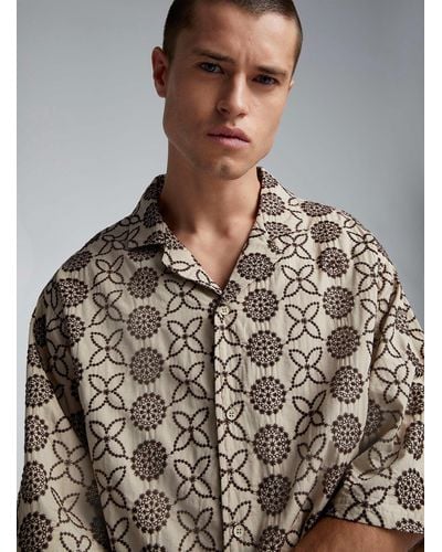 Native Youth Art Deco Embroidered Camp Shirt - Brown