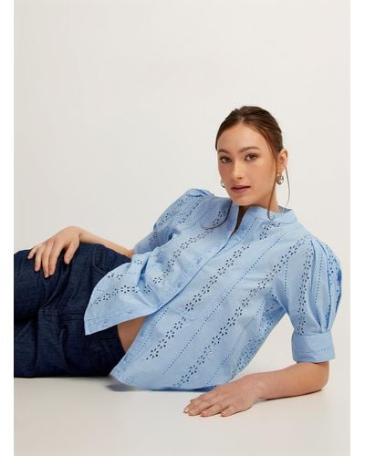 Icône Officer Collar Broderie Anglaise Blouse - Blue