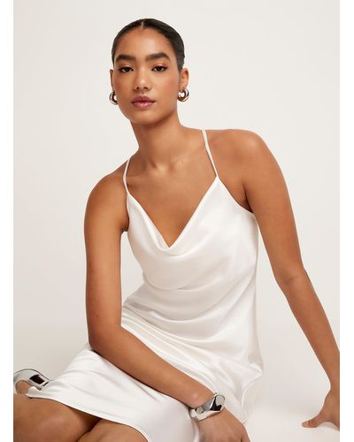 Icône Draped Collar Ivory Satin Midi Dress - White