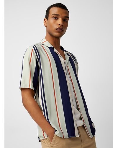 Le 31 Vertical Stripe Camp Shirt Comfort Fit - Blue