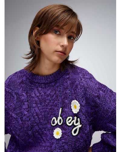 Obey Crocheted Flowers Purple Sweater