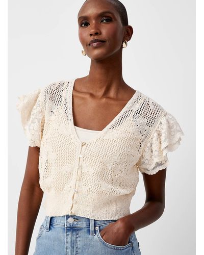 Contemporaine Lace Sleeves Crochet Cropped Cardigan - Natural