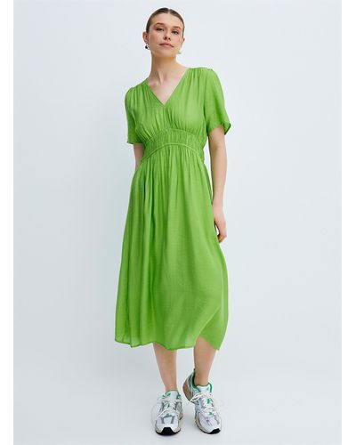Ichi Ruffled Waist Lime Green Midi Dress