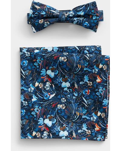 Olymp Painterly Floral Bow Tie And Pocket Square Set - Blue
