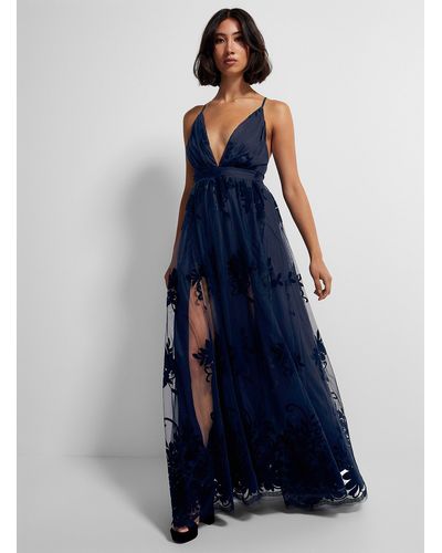 Icône Flocked Floral Tulle Maxi Dress - Blue