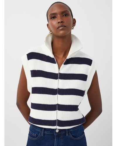 Contemporaine Block Stripes Zippered Sweater Vest - White