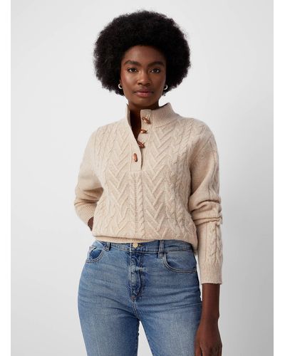 Contemporaine Button Neck Cable Sweater Shetland Wool - Blue