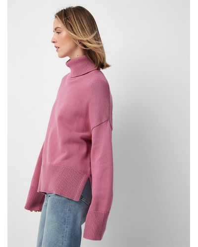Contemporaine Ribbed Edging Loose Turtleneck Sweater - Pink
