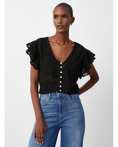 Contemporaine Lace Sleeves Crochet Cropped Cardigan - Black