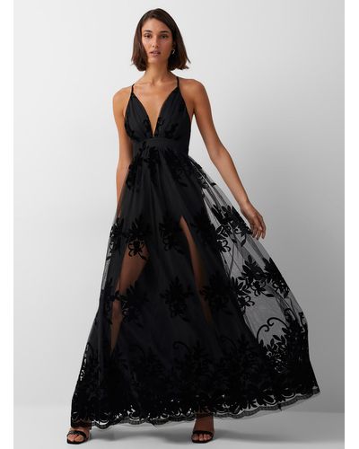 Icône Flocked Floral Tulle Maxi Dress - Black