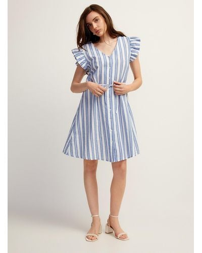 Ichi Blue Stripes Ruffled Sleeves Flared Dress