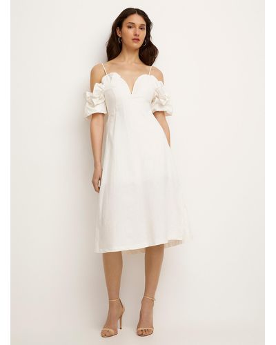 Icône Touch Of Linen Ruffled Edging Midi Dress - White