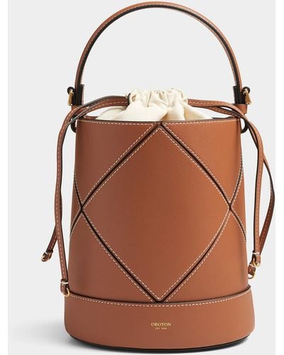 Oroton Patch Topstitched Bucket Bag - Brown