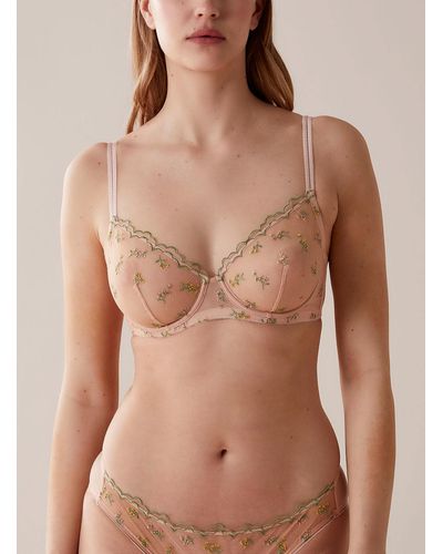 Huit Romantique Floral Embroidery Sheer Plunge Bra - Brown