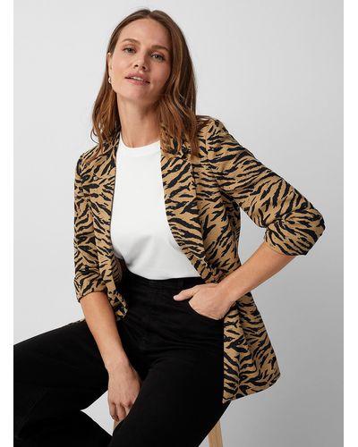 Soaked In Luxury Shirley Gathered Sleeves Tiger Print Blazer - Brown
