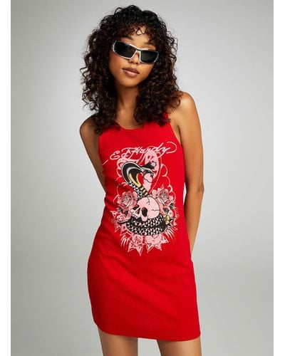 Ed Hardy Snake And Skull Ribbed Dress - Red