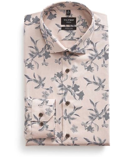 Olymp Hatched Flower Shirt Slim Fit - Gray