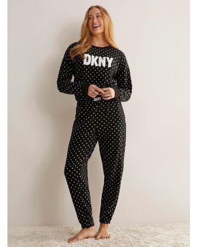 DKNY Polka Dots And Logo Winter Pajama Set - Black