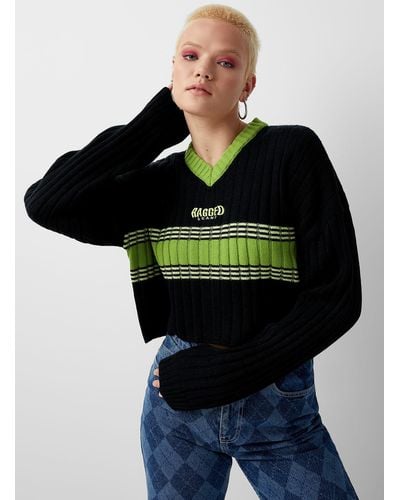 The Ragged Priest Green Stripes Ribbed Cropped Sweater - Black