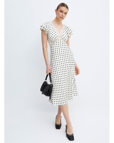 Icône Polka Dot And Lace Satin Midi Dress - White