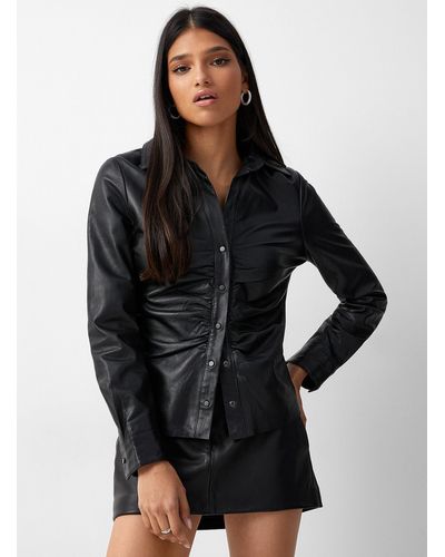 Lamarque Huda Genuine Leather Ruched Shirt - Black
