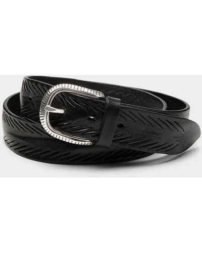 Alberto Luti Engraved Herringbone Leather Belt - Black
