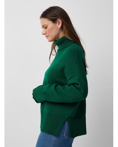 Contemporaine Ribbed Edging Loose Turtleneck Sweater - Green