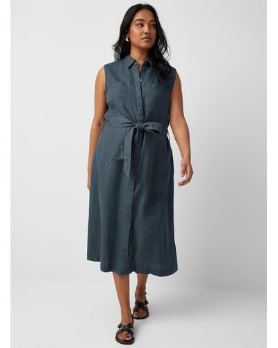Contemporaine Organic Linen Sleeveless Shirtdress - Blue