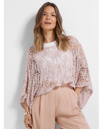 Contemporaine Openwork Cropped Poncho Sweater - Pink