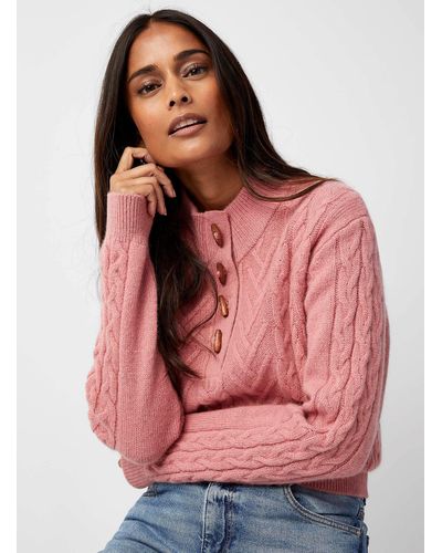 Contemporaine Button Neck Cable Sweater Shetland Wool - Pink