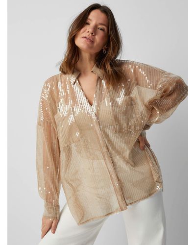Soaked In Luxury Charlee Sequined Sheer Shirt - Natural