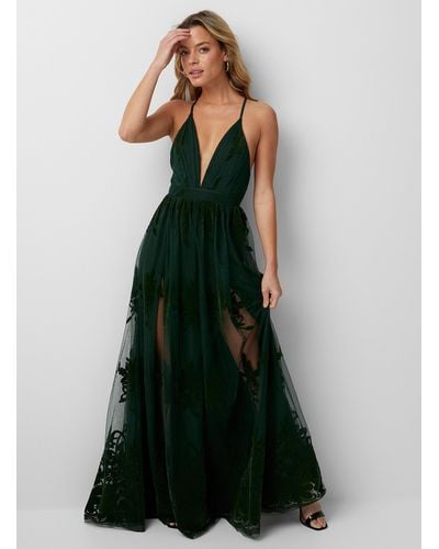 Icône Flocked Floral Tulle Maxi Dress - Green