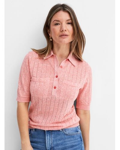 BOSS Flicity Openwork Stripes Knit Polo Shirt - Pink