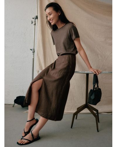 Contemporaine Organic Linen Midi Skirt With Slit - Natural