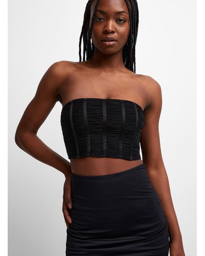 Icône Pleated Mesh Cropped Bustier - Black