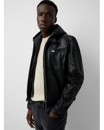 Le 31 Removable Hood Leather Jacket - Black