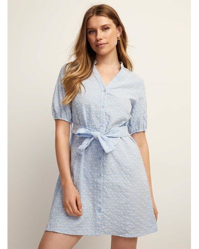Icône Embroidered Flowers Belted Gingham Dress - Blue