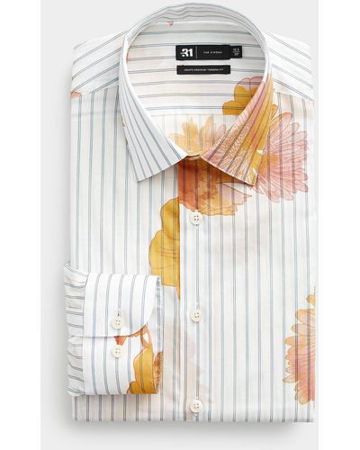 Le 31 Painterly Floral Striped Shirt Modern Fit - White