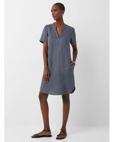 Part Two Aminase Slit Collar Pure Linen Dress - Blue